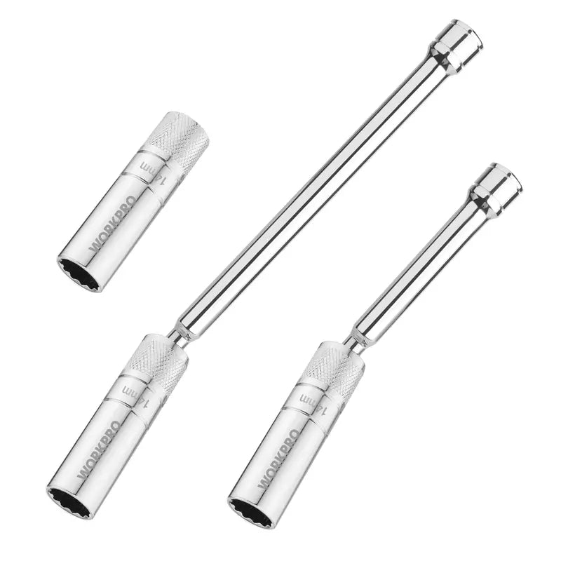WORKPRO Magnetic Swivel Spark Plug Socket Set  3-Pc Thin-Wall 14mm + 6″ & 10″ Extensions