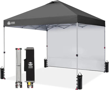CROWN SHADES 10′ x 10′ Pop-Up Canopy with Single Sidewall: Portable Event Shelter for Parties, Campgrounds, and Outdoor Markets — Includes STO-N-Go Carry Bag