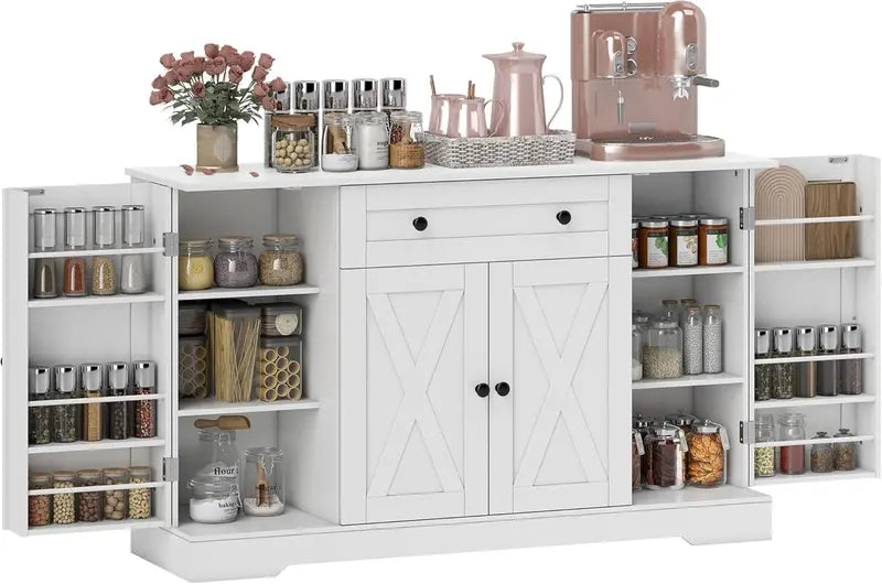 54-Inch Farmhouse White Coffee Bar Cabinet — Barn-Door Sideboard with 6 Shelves, Drawer & Adjustable Storage