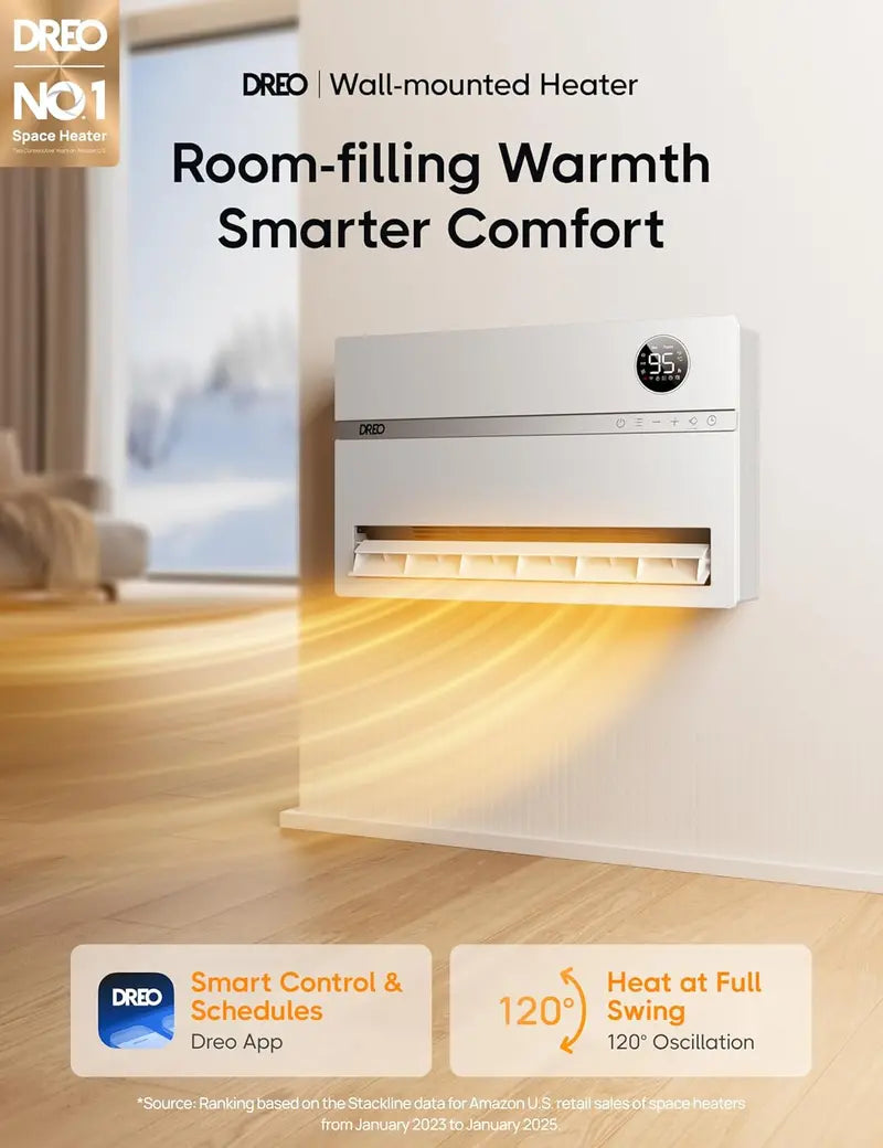 Dreo WH719S Smart Wall Heater | 1500W Vertical Oscillating Heater with 120° Sweep, Alexa Integration, 24H Timer, Remote & Adjustable Thermostat for Compact Spaces