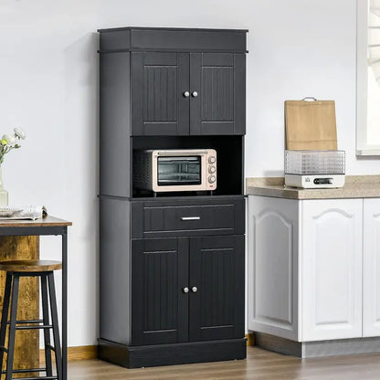 72-Inch White Wood Grain Freestanding Pantry Cabinet with Hutch, Two-Door Cupboards, Utility Drawer, Adjustable Shelf, and Practical Countertop