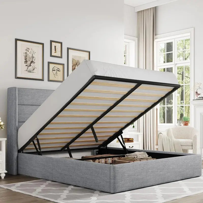 Allewie Modern Hydraulic Lift Queen Storage Bed  Wingback Headboard, Light Beige