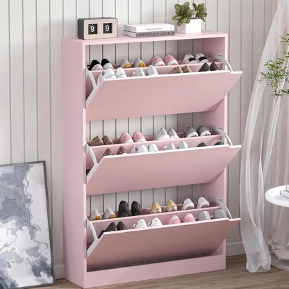 Discreet Freestanding Wood Shoe Cabinet with Three Concealed Flip Drawers