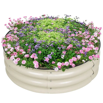 Aoodor 9” Tall Aluzinc Metal Raised Garden Bed 30” Round, Outdoor Garden Planter Box Beige Set of 2