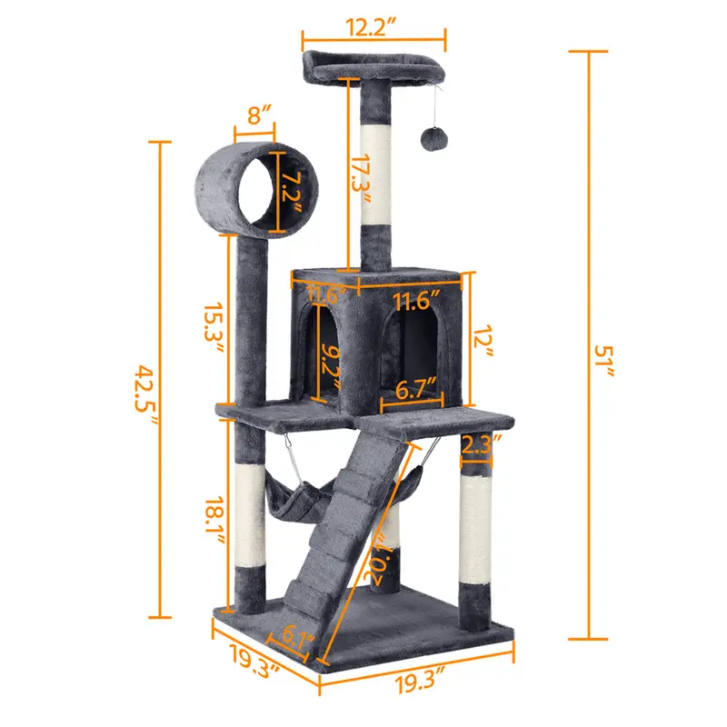 Yaheetech 51″ Cat Tree Tower with Condo, Hammock & Scratching Posts, Gray