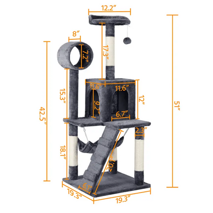 Yaheetech 51″ Cat Tree Tower with Condo, Hammock & Scratching Posts, Gray