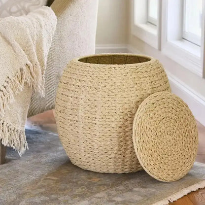 Household Essentials Handwoven Wicker Storage Basket  Barrel-Style Side Table (17″L x 17″W x 19″H)