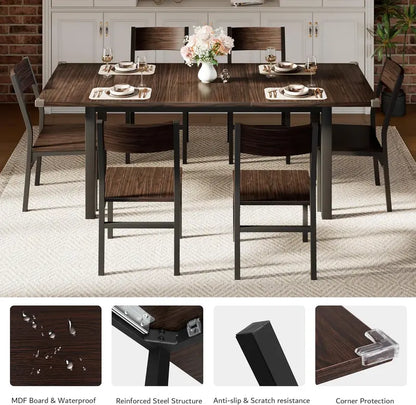 Espresso 7-Piece Extendable Dining Set: 63″ MDF Table + 6 Metal-Frame Chairs for Small-Space Living