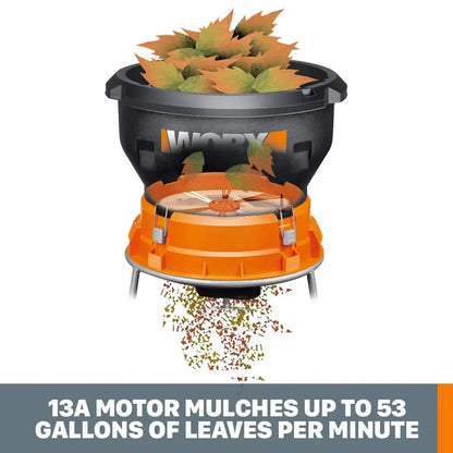 Worx WG430 13 Amp Electric Leaf Mulcher, 53 Gallon Capacity, Flex-a-Line System, Portable & Easy Storage