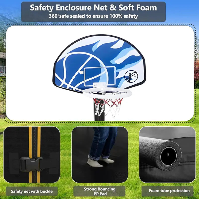 16-Foot Upgraded Trampoline with Enclosure Net and Adjustable Basketball Hoop