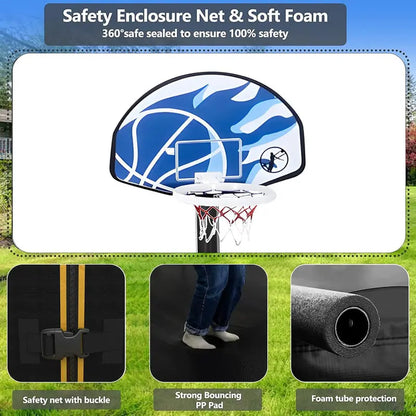16-Foot Upgraded Trampoline with Enclosure Net and Adjustable Basketball Hoop