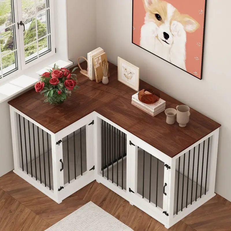 L-Shaped Corner Dog Crate Furniture  Dual-Dog Capacity, 58.7″ x 41.1″, Stylish Enclosed Design