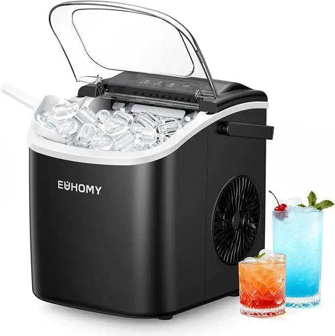 EUHOMY Black Countertop Ice Machine  26 lb/Day, 9 Cubes in 6 Minutes, Auto-Cleaning, Portable with Handle, Basket & Scoop