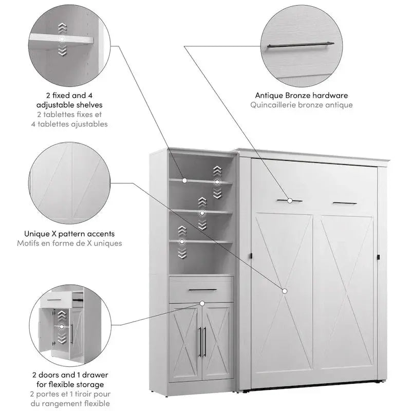 Key West Full Murphy Bed with Built-In Wardrobe  Bestar Space-Saving Wall Bed Unit (88″ Wide) with Closet Integration