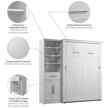Key West Full Murphy Bed with Built-In Wardrobe  Bestar Space-Saving Wall Bed Unit (88″ Wide) with Closet Integration