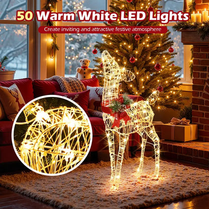 Pre-Lit Baby Reindeer Decoration  Lighted Holiday Figurine with 50 Warm White LEDs & Festive Red Bow