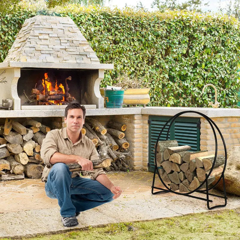 41-Inch Tubular Steel Log Hoop  Heavy-Duty Firewood Holder for Indoor Fireplaces or Outdoor Pits