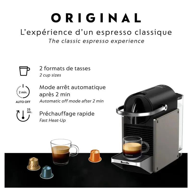 Nespresso Pixie Titan by Breville  Compact Espresso Machine with 19-Bar Pressure, Titanium Finish, BEC440TTN Model