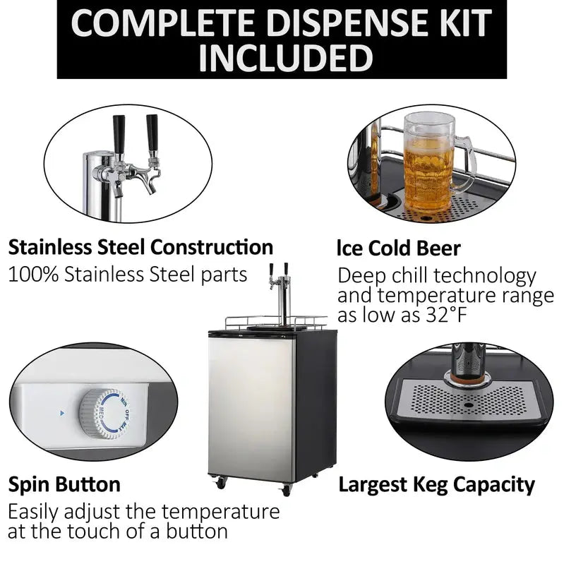 Dual-Tap Stainless Steel Beer Kegerator: Full-Size Draft Dispenser with CO2 Tank & Adjustable Temp (32°F50°F)