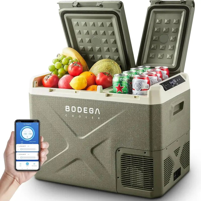 BODEGACOOLER Dual-Zone Car Refrigerator  12V/24V Portable Fridge for Camping, Travel, RVs, and Home Use