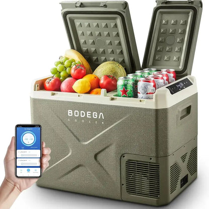 BODEGACOOLER Dual-Zone Car Refrigerator  12V/24V Portable Fridge for Camping, Travel, RVs, and Home Use