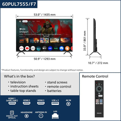 Philips 60-Inch 4K Ultra HD Google TV (60PUL7555/F7)  Smart LED Television with 2160p Resolution