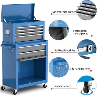 42-Inch 8-Drawer Rolling Tool Chest  Detachable Top Toolbox with Liners, Dividers, Hooks & Heavy-Duty Casters for Garage or Workshop