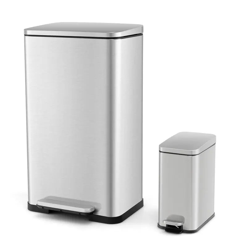 Dual-Size Step-Activated Stainless Steel Trash Can Set (10.6 Gal + 1.6 Gal)