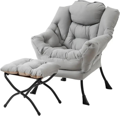 Welnow Compact Lazy Chair with Ottoman  Dark Grey Accent Armchair with Side Pocket & Footrest