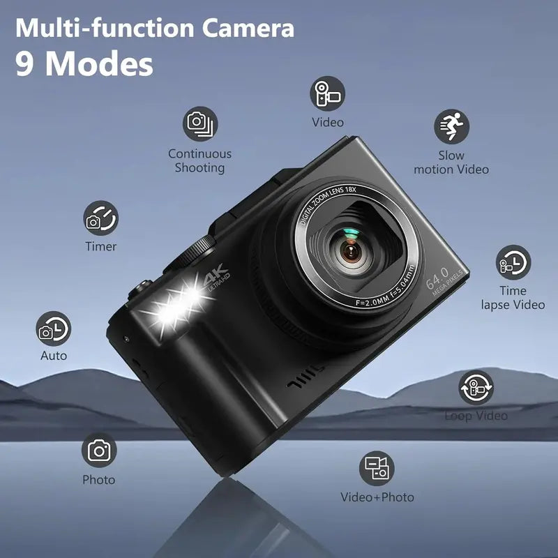 4K Vlogging Camera  64MP Digital Point-and-Shoot with 180° Flip Screen, 18x Zoom & 32GB SD Card