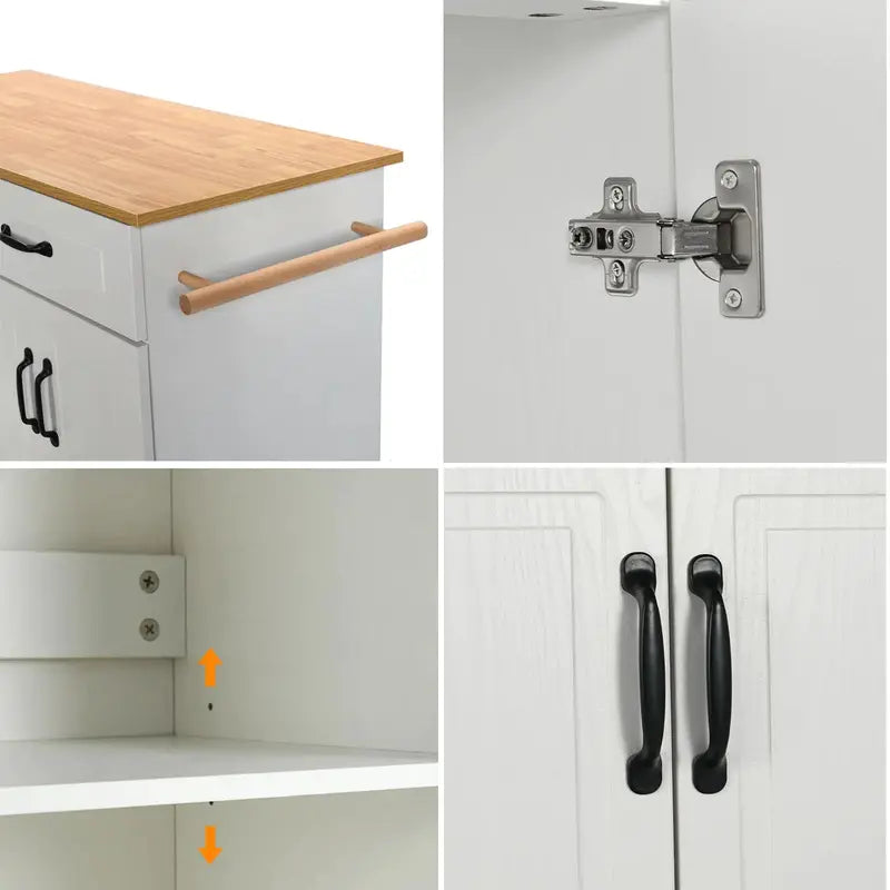 White Rolling Kitchen Island Cart with Storage — Wooden Countertop, 2 Drawers, 4 Cabinets, Towel Racks & Adjustable Shelves