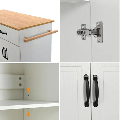 White Rolling Kitchen Island Cart with Storage — Wooden Countertop, 2 Drawers, 4 Cabinets, Towel Racks & Adjustable Shelves