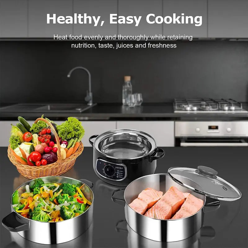 Dual-Layer Electric Food Steamer  8.5L Glass-Covered Stainless Steel Steaming Basket Set, Stackable Design with Built-in Timer