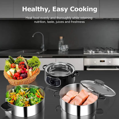 Dual-Layer Electric Food Steamer  8.5L Glass-Covered Stainless Steel Steaming Basket Set, Stackable Design with Built-in Timer