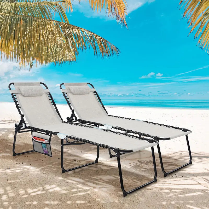 Adjustable Patio Chaise Lounge  Folding Recliner Chair with 4-Position Backrest, Side Pocket & Removable Headrest