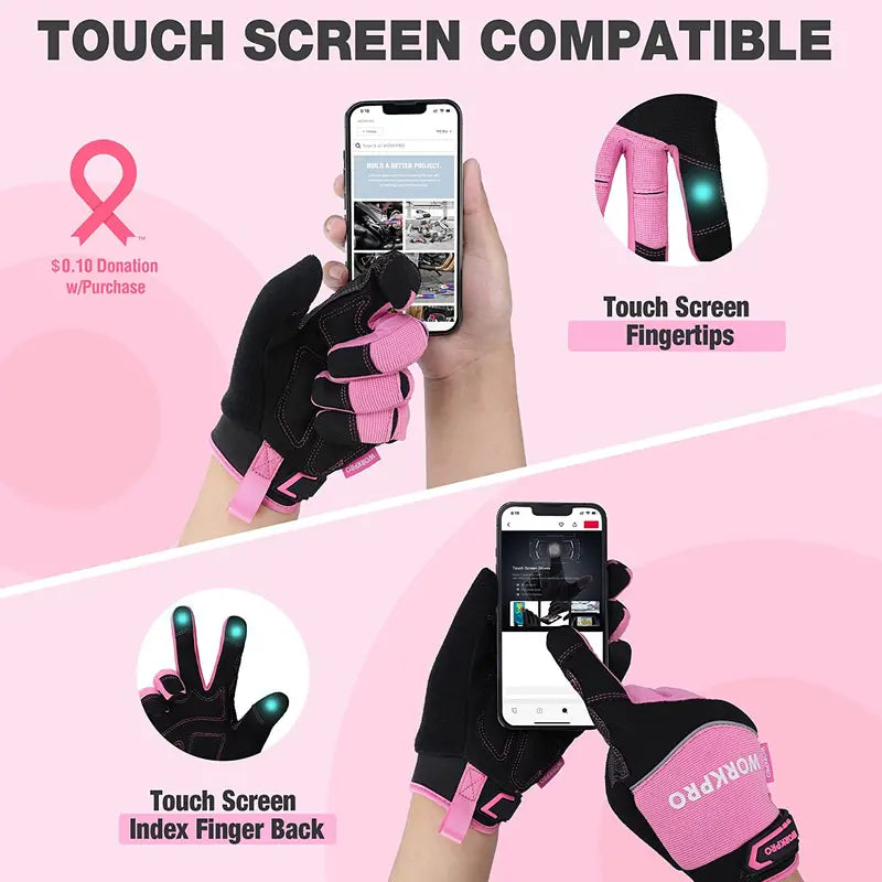 WORKPRO Touchscreen Safety Work Gloves  Terry-Lined, Non-Slip Pink Gloves (M/L)