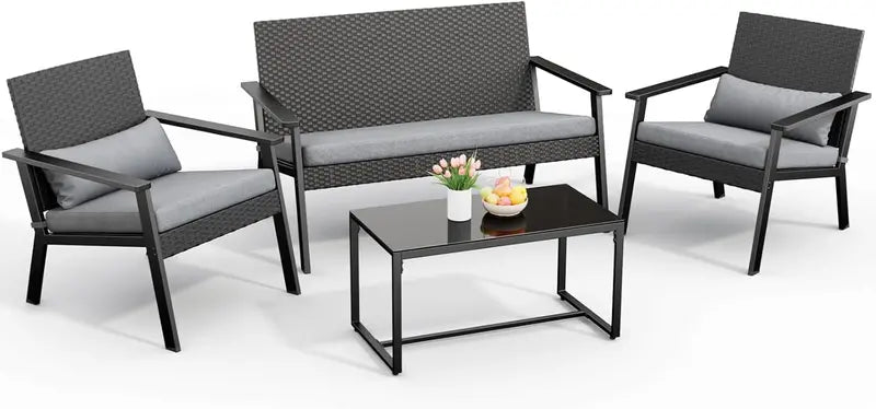 Ahomly 4-Piece Gray Wicker Patio Set  Deep-Seating Outdoor Sofa with Table for Balcony or Backyard