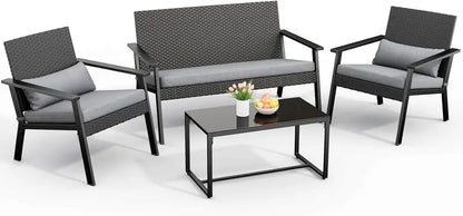 Ahomly 4-Piece Gray Wicker Patio Set  Deep-Seating Outdoor Sofa with Table for Balcony or Backyard