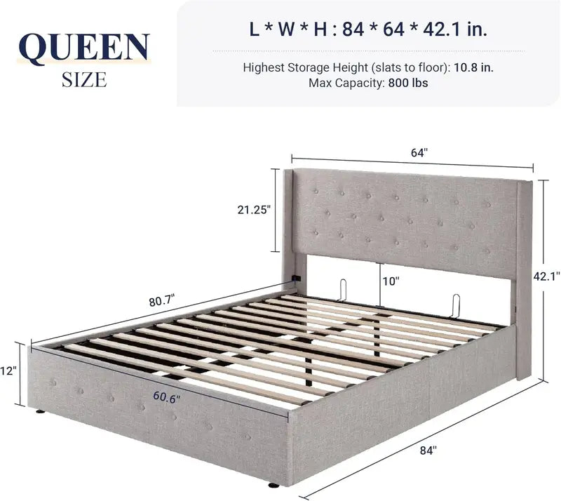 Allewie Modern Hydraulic Lift Queen Storage Bed  Wingback Headboard, Light Beige