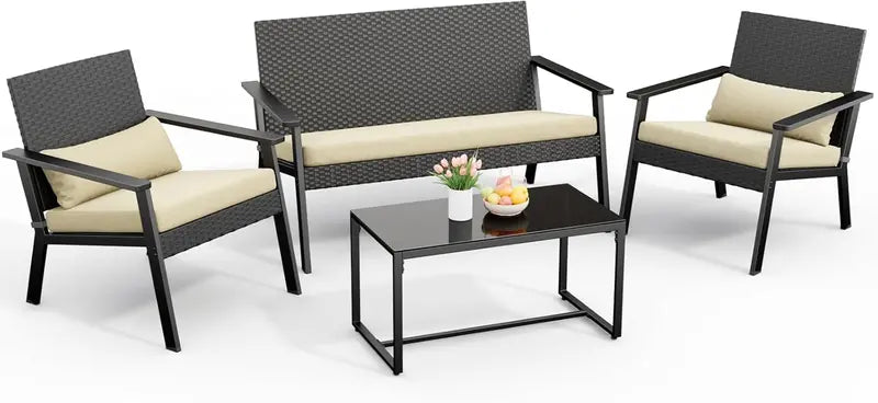 Ahomly 4-Piece Gray Wicker Patio Set  Deep-Seating Outdoor Sofa with Table for Balcony or Backyard