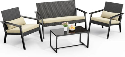 Ahomly 4-Piece Gray Wicker Patio Set  Deep-Seating Outdoor Sofa with Table for Balcony or Backyard