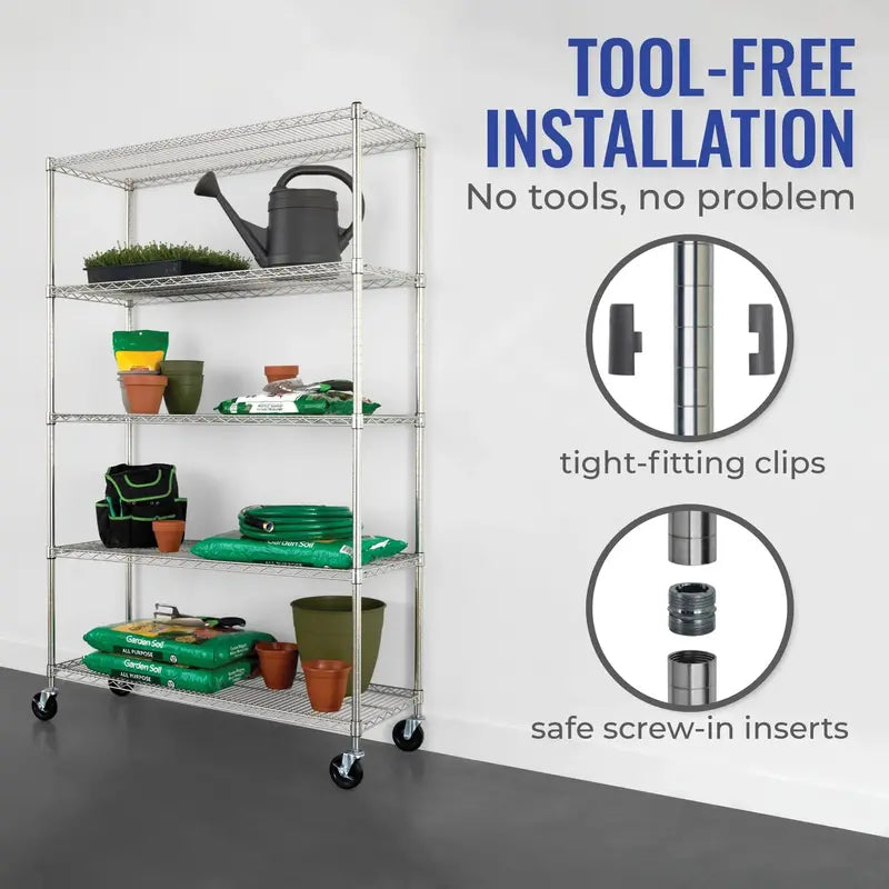 SafeRacks NSF Certified 5-Tier Wire Shelving Storage Unit, 48″x18″x76″, Heavy-Duty Metal Shelves with Wheels, Commercial Grade