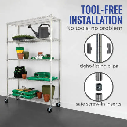 SafeRacks NSF Certified 5-Tier Wire Shelving Storage Unit, 48″x18″x76″, Heavy-Duty Metal Shelves with Wheels, Commercial Grade