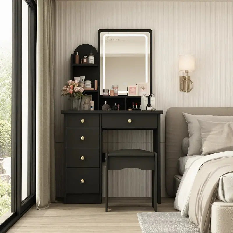 LED-Lit Makeup Vanity Desk Set  Includes Mirror, Adjustable Lighting, and Matching Stool