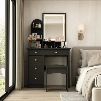 LED-Lit Makeup Vanity Desk Set  Includes Mirror, Adjustable Lighting, and Matching Stool