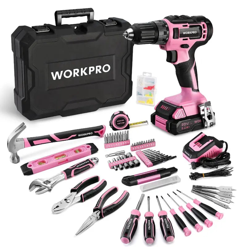 WORKPRO 20V Pink Cordless Drill Driver + 141-Piece Home Tool Kit  Pink Ribbon Bundle