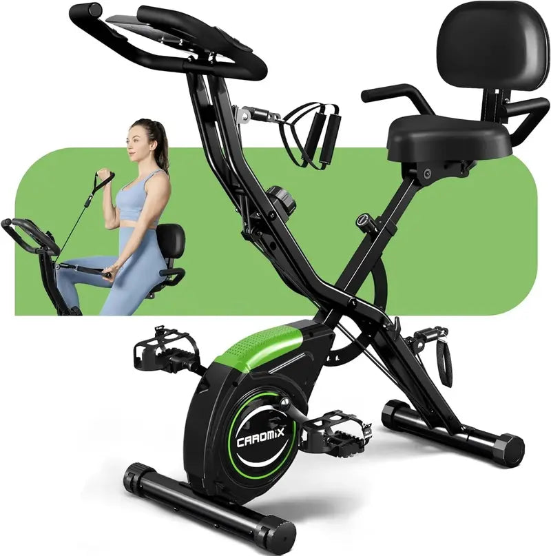 Caromix 4-in-1 Folding Exercise Bike  Upright & Recumbent Indoor Cycling Station with 16 Resistance Levels