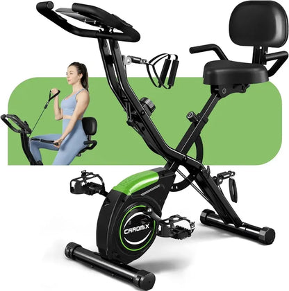 Caromix 4-in-1 Folding Exercise Bike  Upright & Recumbent Indoor Cycling Station with 16 Resistance Levels