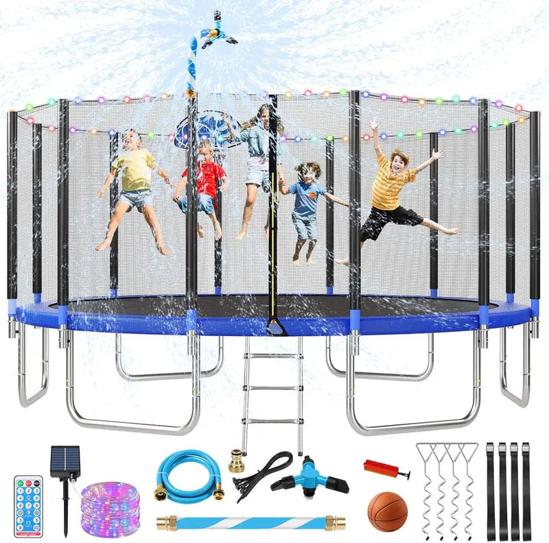 16-Foot Upgraded Trampoline with Enclosure Net and Adjustable Basketball Hoop