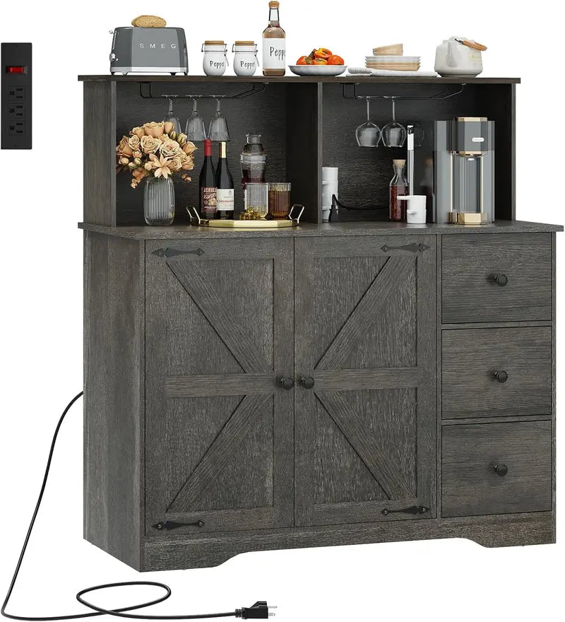 White Farmhouse Coffee Bar Buffet  Dual-Door Cabinet with Power Outlets, Glass Holder & 3 Drawers